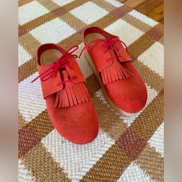 Bryr Shoes - Bryr Red Suede Fringe Lace-Up Clogs